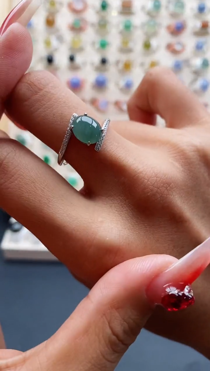 【闪购商品】翡翠戒指银S925镶嵌天然缅甸A货翡翠222 3+10