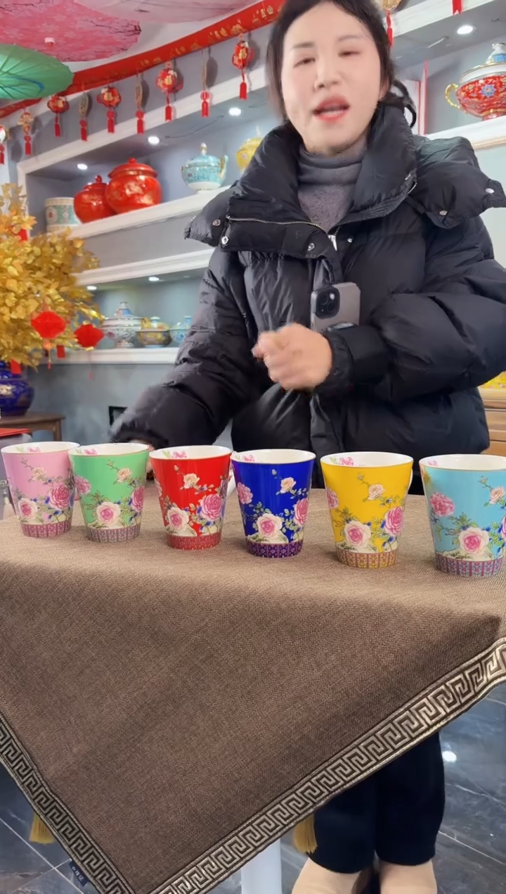 珐琅牡丹花卉水杯6只装景德镇         