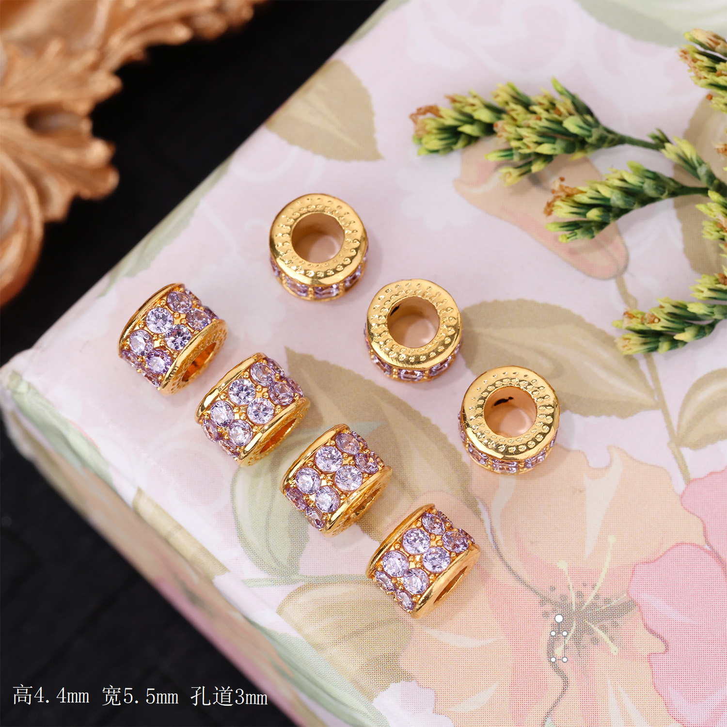 【来福工厂】加大版18K金5.5mm薰衣草紫桶珠双排直切管珠圆柱隔珠