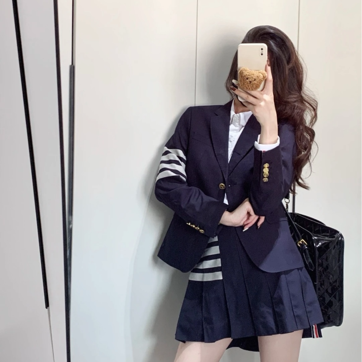 未使用 THOMBROWNE 撞色横道印花领纽扣单排扣西服西装 海军蓝/42