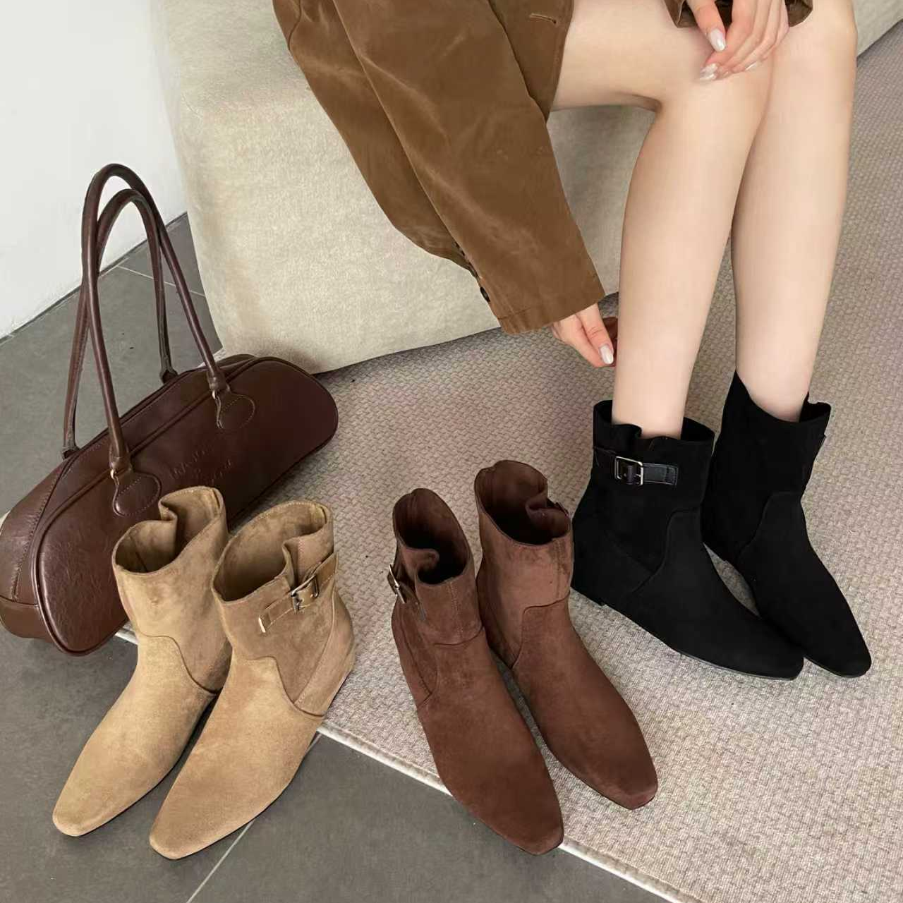 磨砂皮内增高秋冬新款博肯短靴堆堆靴法式女靴子圆头短筒靴百搭