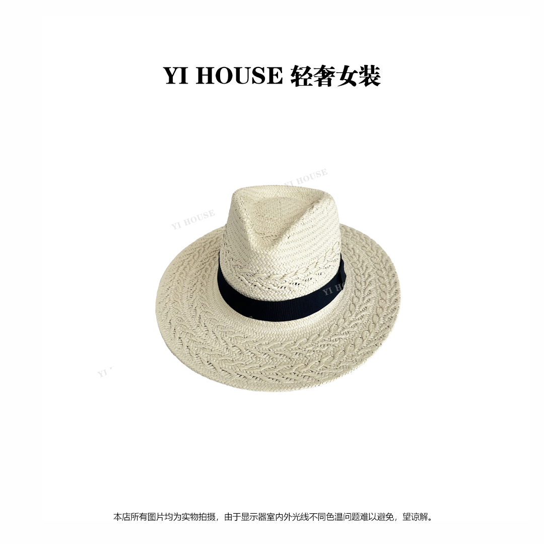 Yihouse【夏日】镂空织带草帽女夏季防紫外线平顶草帽遮阳帽Y8420
