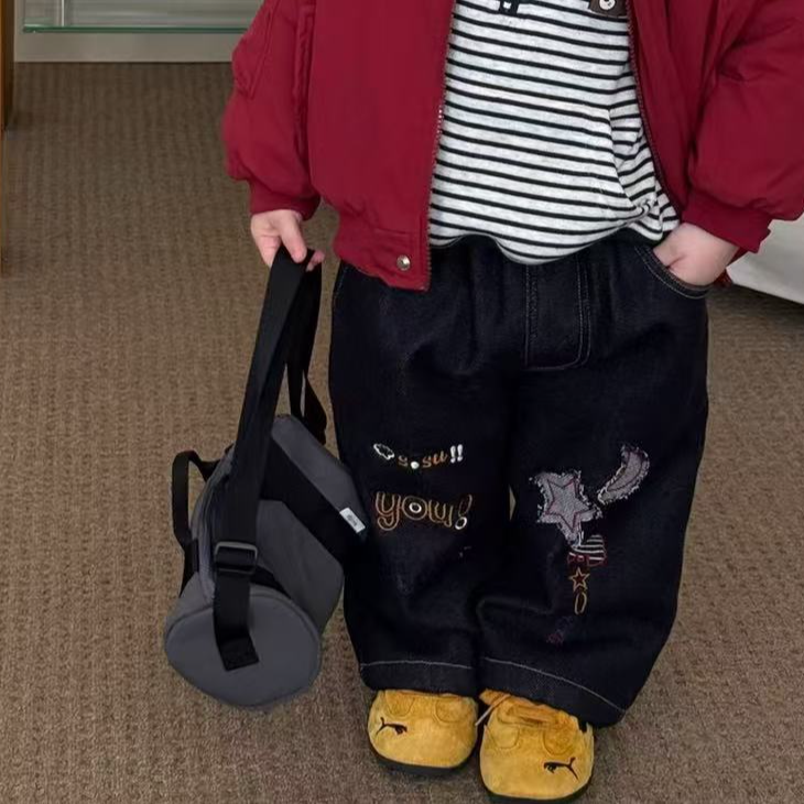 棉小九　儿童星星刺绣加绒牛仔裤（小童）70763