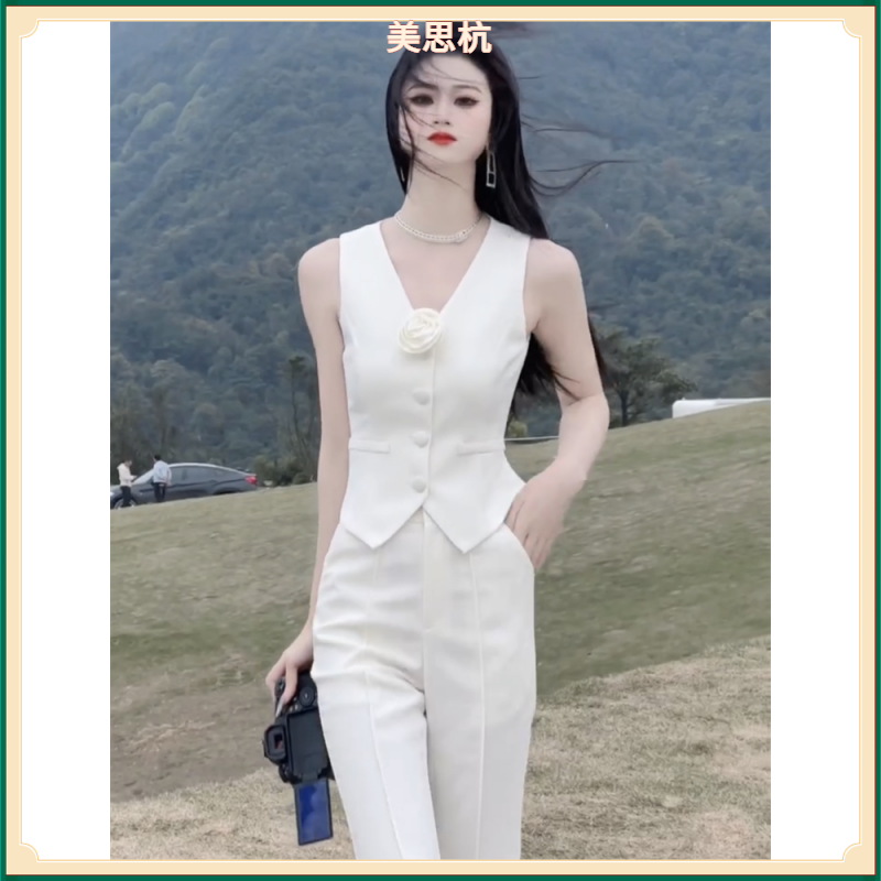 III2025年夏季新款女神气质白色马甲西装套装名媛阔腿裤两件套I