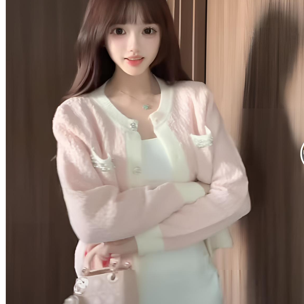 奶油小香肌理感拼接撞色毛衣女春秋慵懒风亮钻外套针织开衫上衣