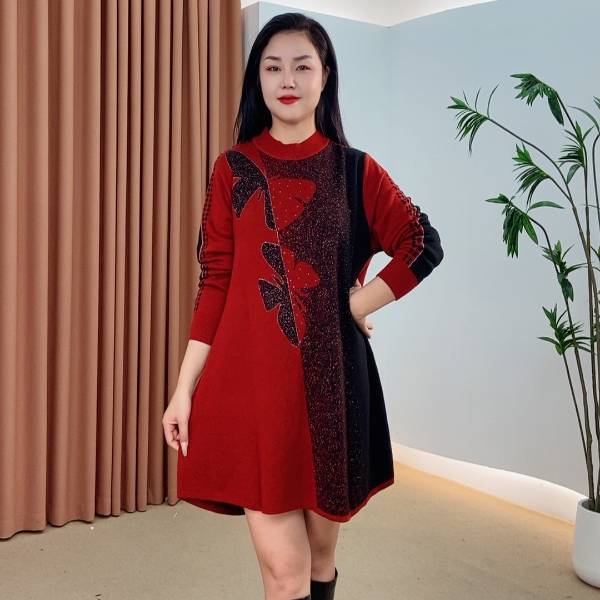 425时尚网红百搭显瘦秋冬针织连衣裙长袖提花不褪色高弹力新中式