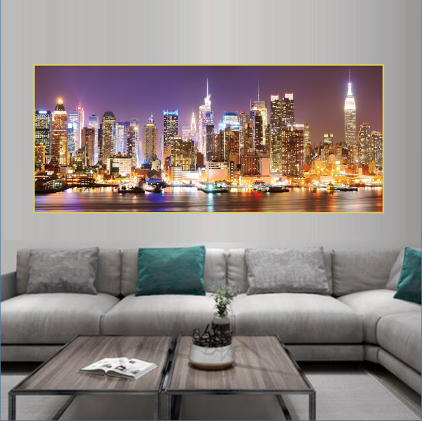 繁华都市客厅沙发横幅高端大气晶瓷晶钻玄关装饰晶瓷画