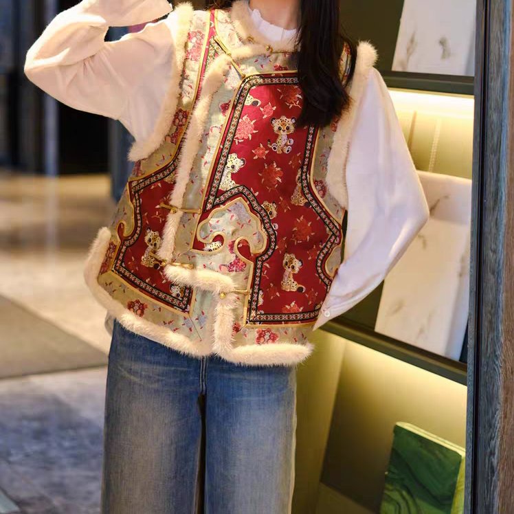 『金钱豹』新中式重工金钱豹刺绣时尚贵气宋锦马甲