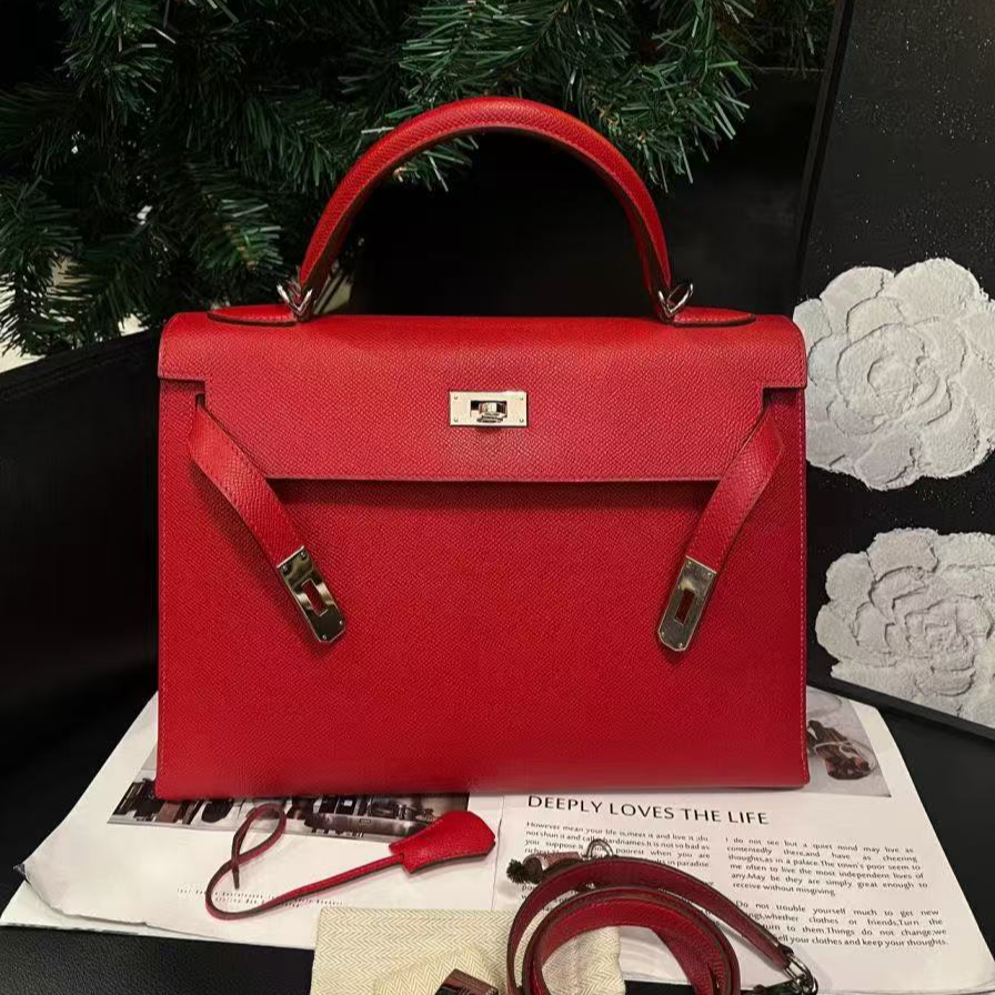95新 Hermes/爱马仕 红银kelly32单肩包方框R刻B1187