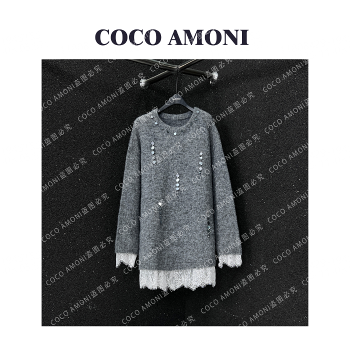 新款蕾丝网假两件拼接亮片百搭时尚设计减龄针织长袖毛衣JY331