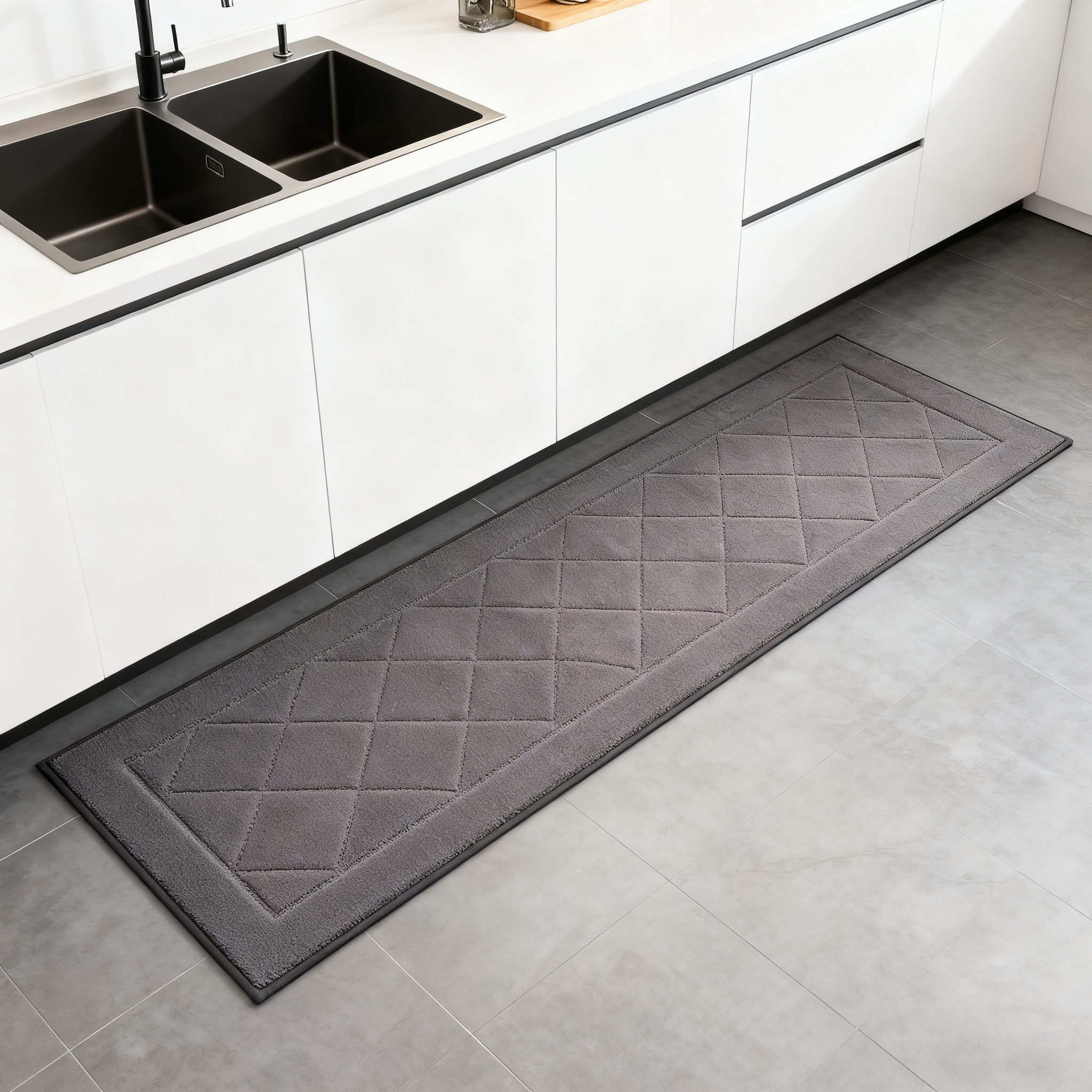 高级灰菱格厨房地垫简约轻奢防油吸水脚垫适配现代极简厨房易清洁