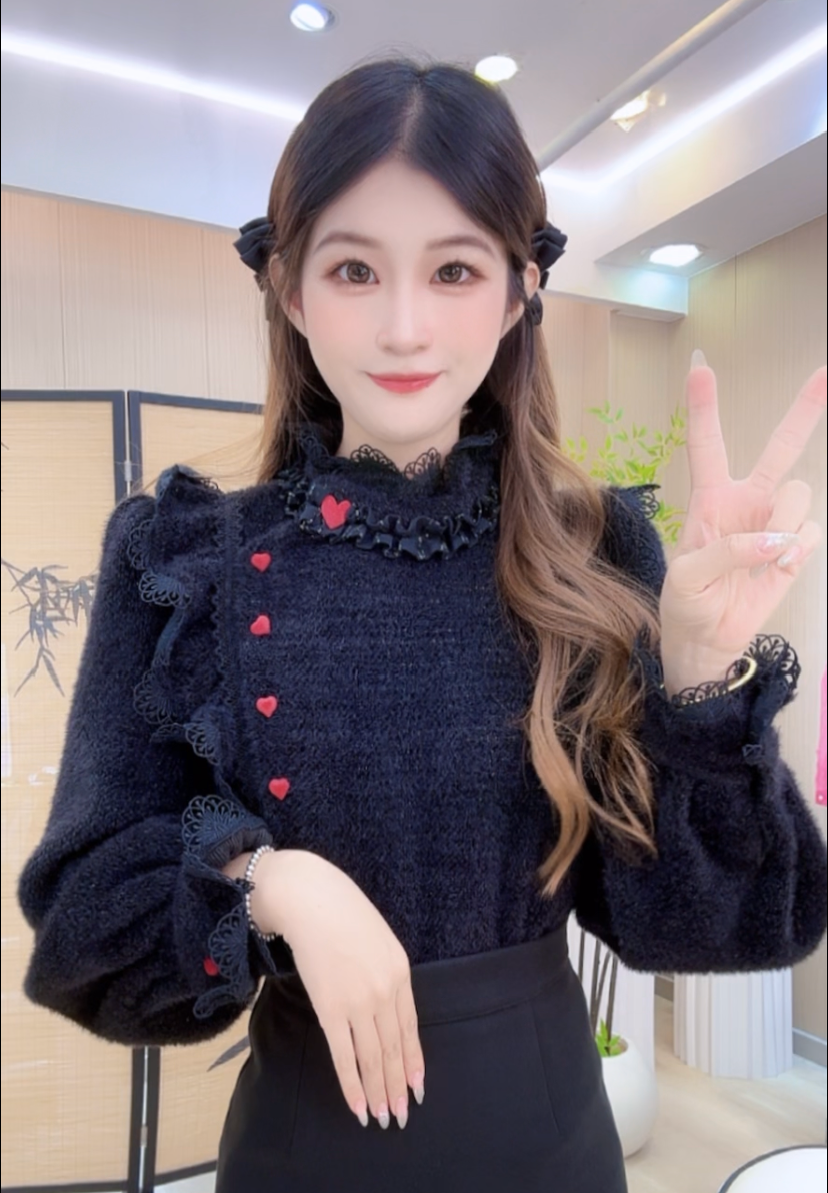 【781】法式花边立领复古精致木耳边长袖设计感秋冬新款斜港风衬衣