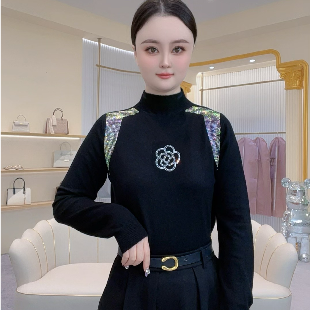 【羊毛100%】半高领山茶花烫钻不缩水纯色立领针织衫常规宽松型厚款