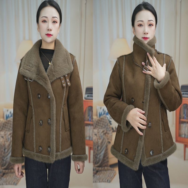 2025保暖上衣大衣长袖短外套女短款双排扣加厚冬季拼接秋冬加绒