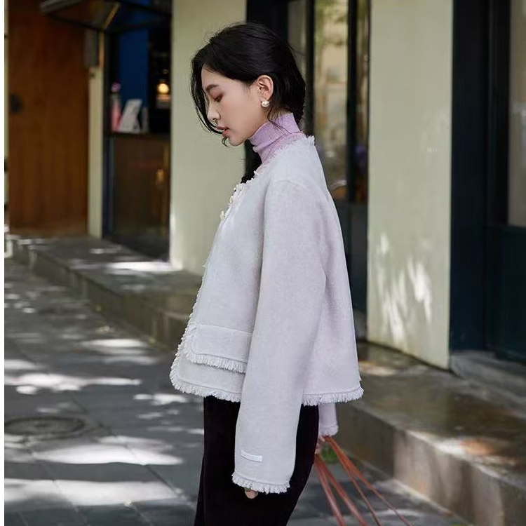 2025秋冬新款韩版小香风双面羊绒大衣女短款圆领流苏羊毛呢外套潮