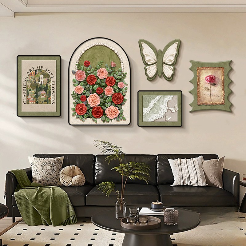 中古风客厅沙发背景墙挂画复古花卉氛围感壁画餐厅客厅背景墙挂画
