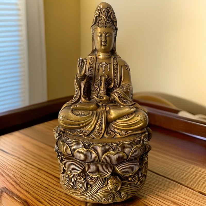 家用供奉佛堂观音像坐莲观音高36CM宽20CM重约3.5千克创意工艺品