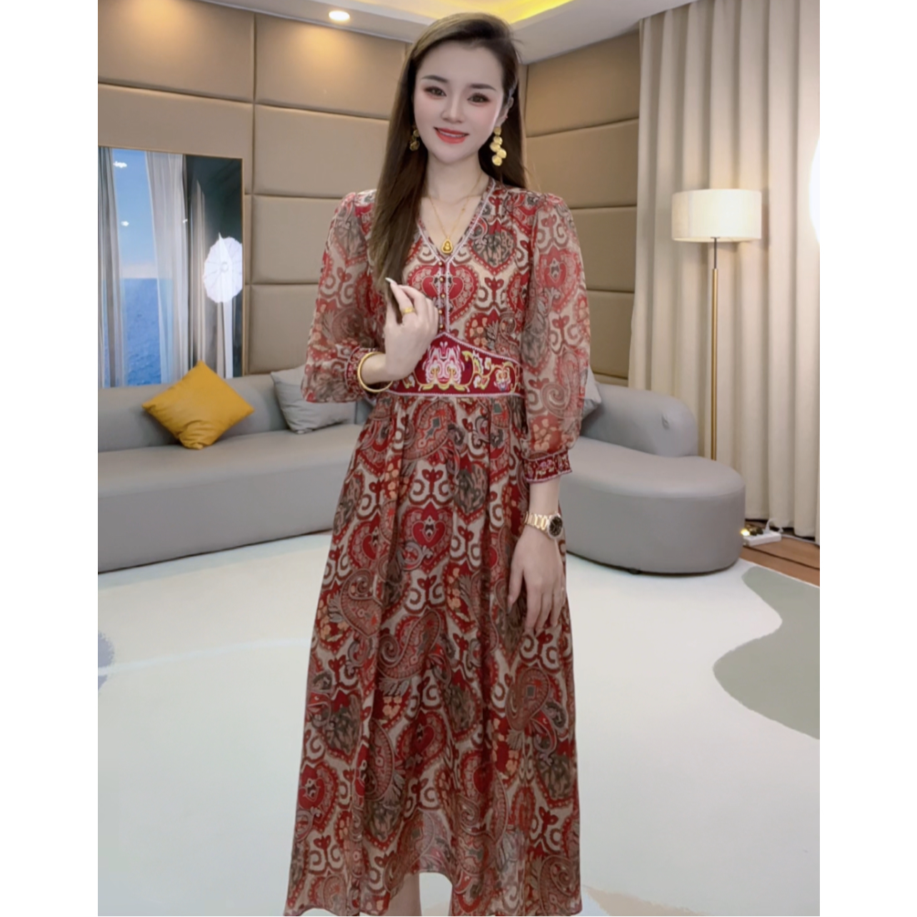 马洛克《静静心选》“绛红”夏季时尚收腰气质显瘦真丝连衣裙80172