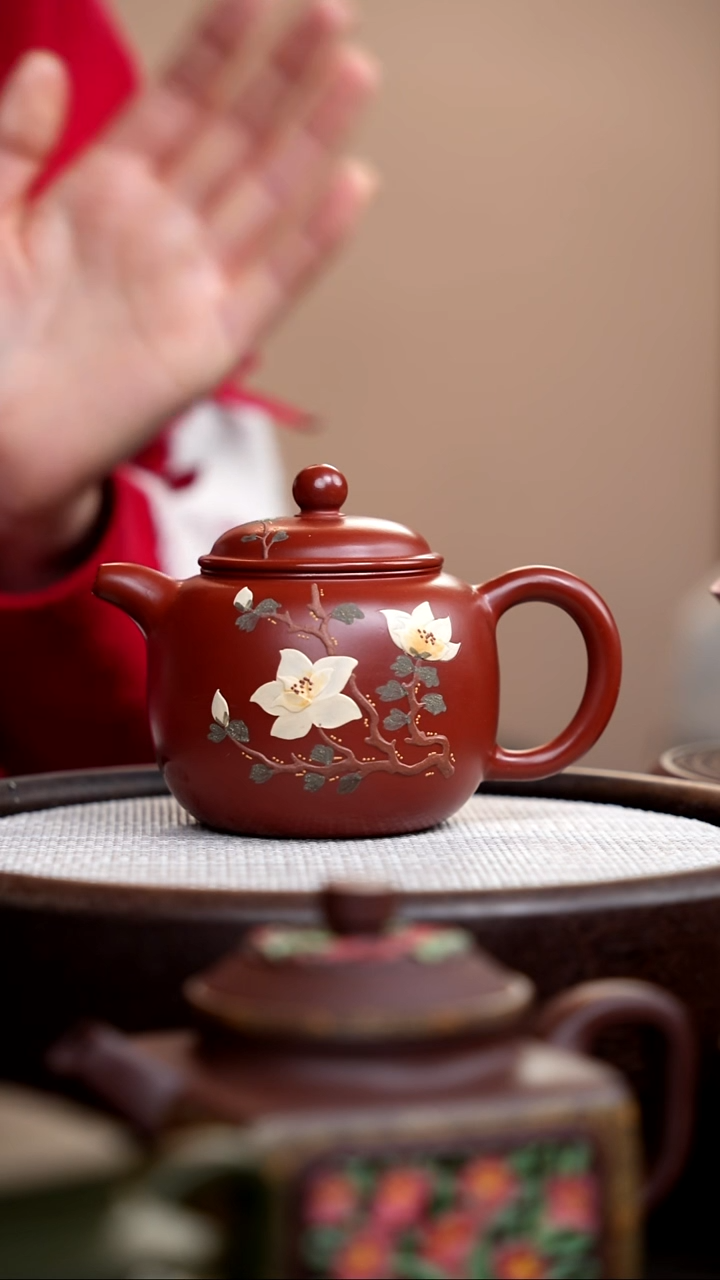茶壶紫砂朱泥匏尊泥绘双花