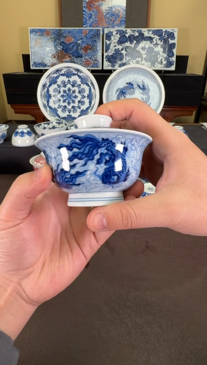 【闪购商品】羿器窑海水鲲元宝盖碗