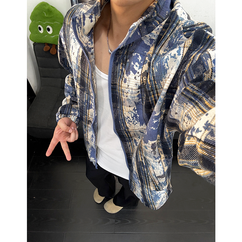 美式复古扎染格子情侣外套男春秋款cleanfit宽松港风少年感夹克