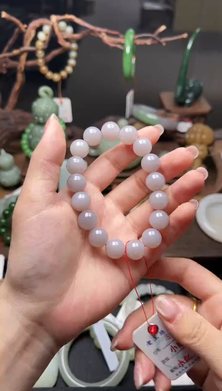 手串未镶嵌和田玉卡12青海烟紫带粉 圆珠9010252