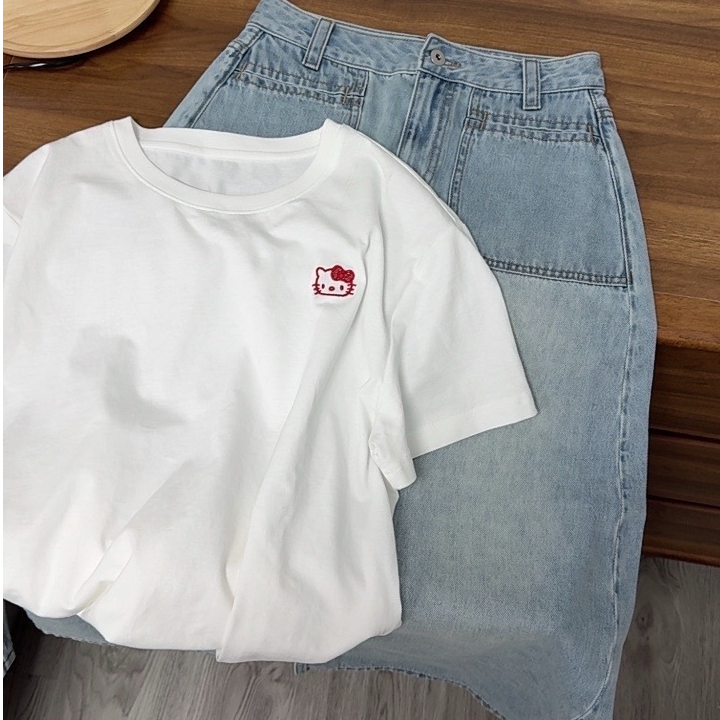 【原歌】全棉可爱刺绣Kitty猫小猫头圆领短袖女YG575