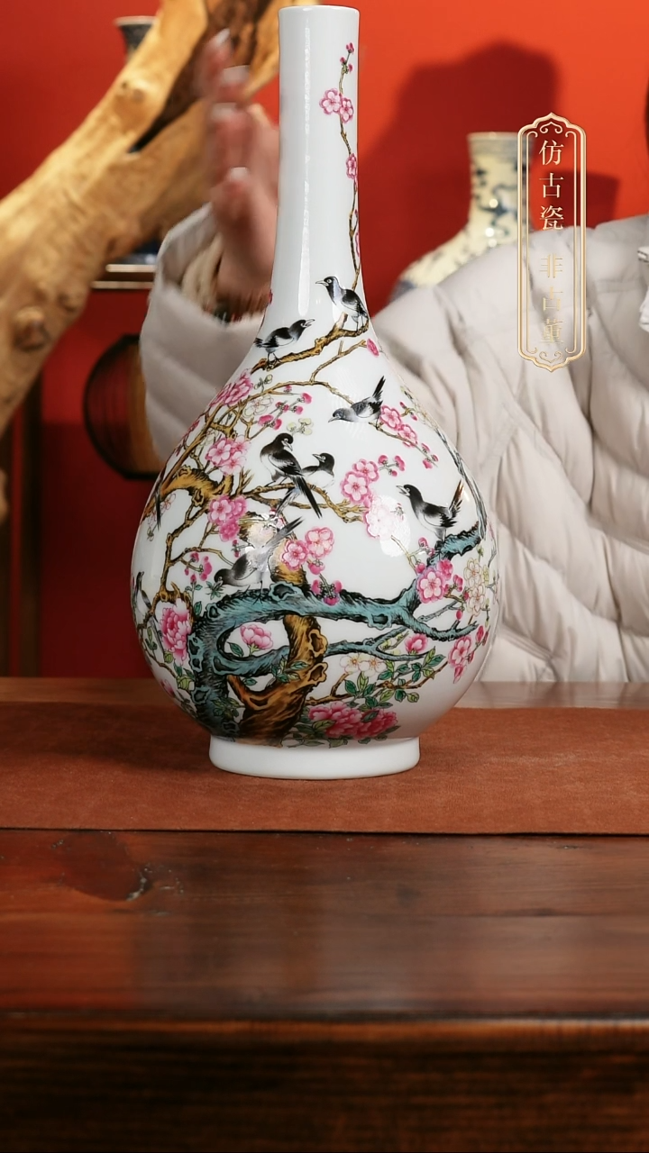 摆件陶粉彩花鸟纹胆瓶