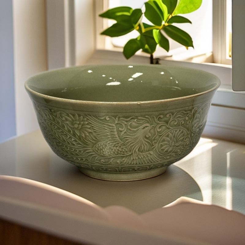 【觀文自营】耀州窑青瓷7英寸18cm凤穿牡丹大面碗饭碗汤碗