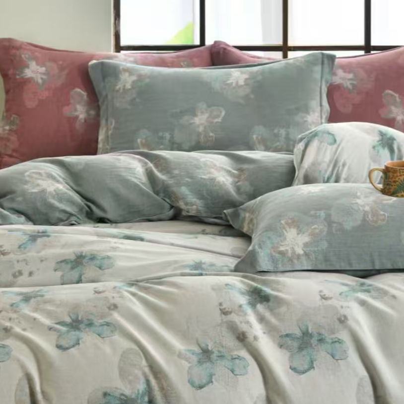 【花影蓝】 天麻多层纱布棉麻枕套一对两只---50*80