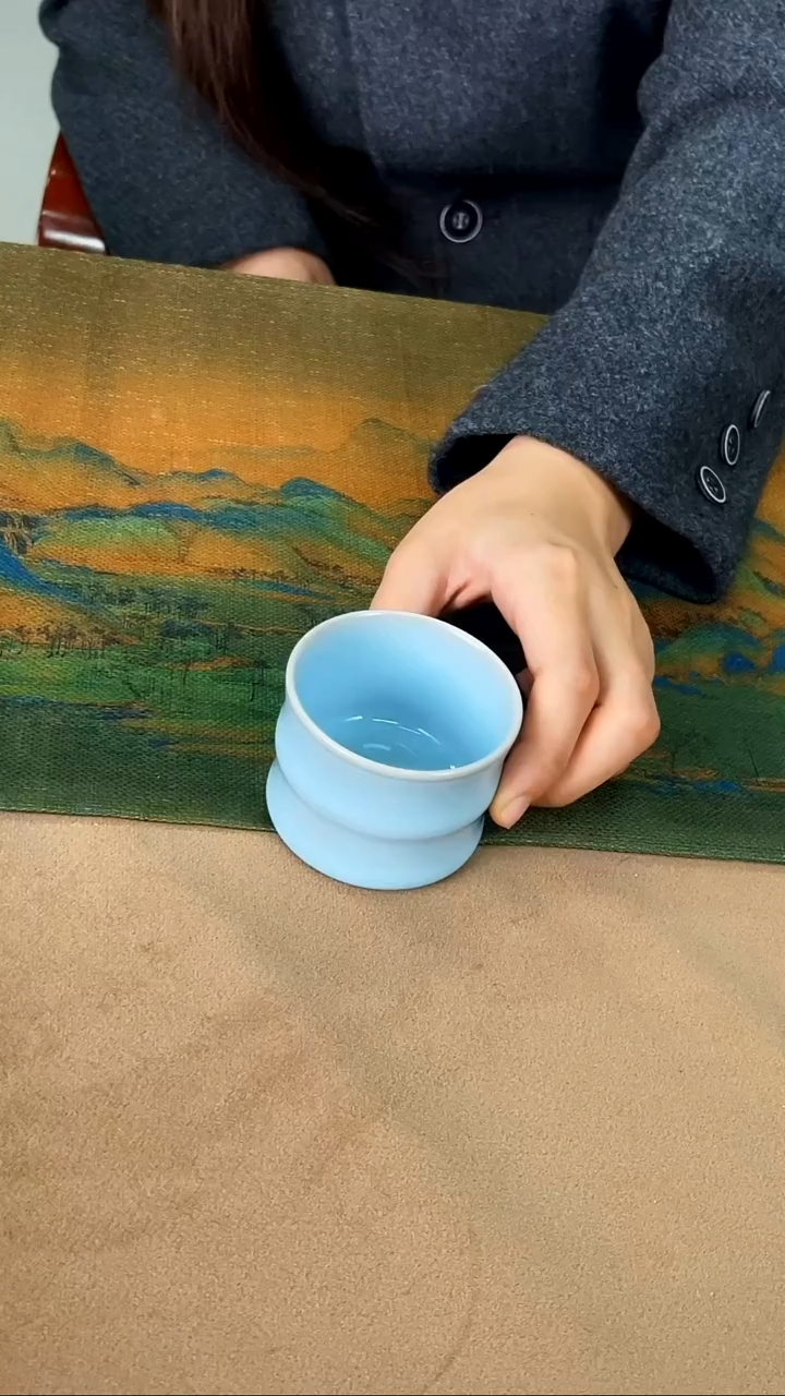 杯子瓷韩红天青釉 竹节杯