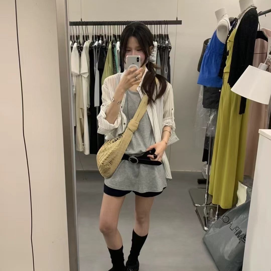 555自由Blouse～松弛主义 背心裙条纹慵懒衬衣腰带三件套