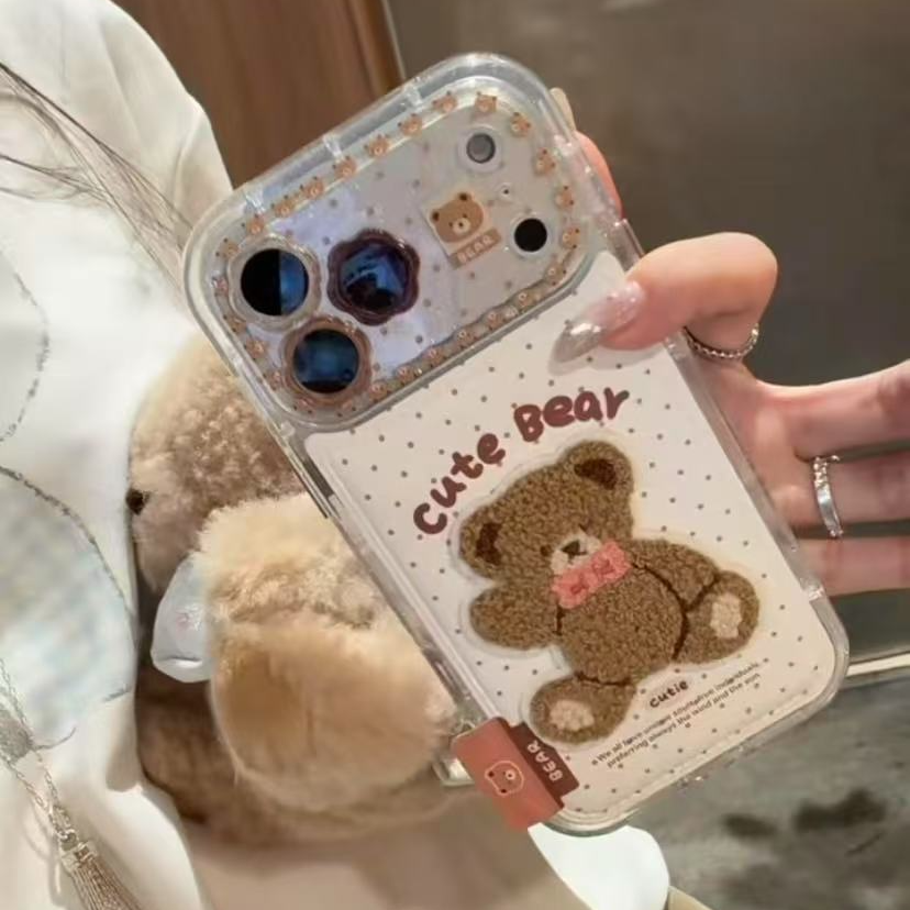 萌系花朵皮纹白底波点刺绣小熊适用iPhone17pro手机壳苹果16pro新