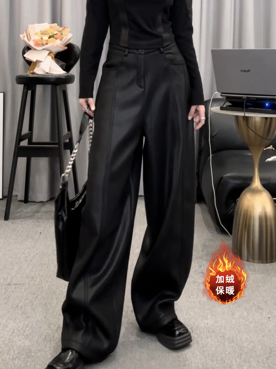 D5099黑色加绒加厚麂皮绒直筒休闲裤女冬季垂感软糯高腰阔腿裤