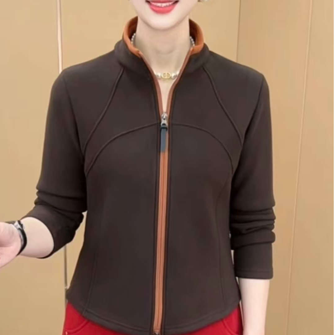 冬季新款时尚立领双拉链设计修身显瘦百搭休闲双面绒打底衫2