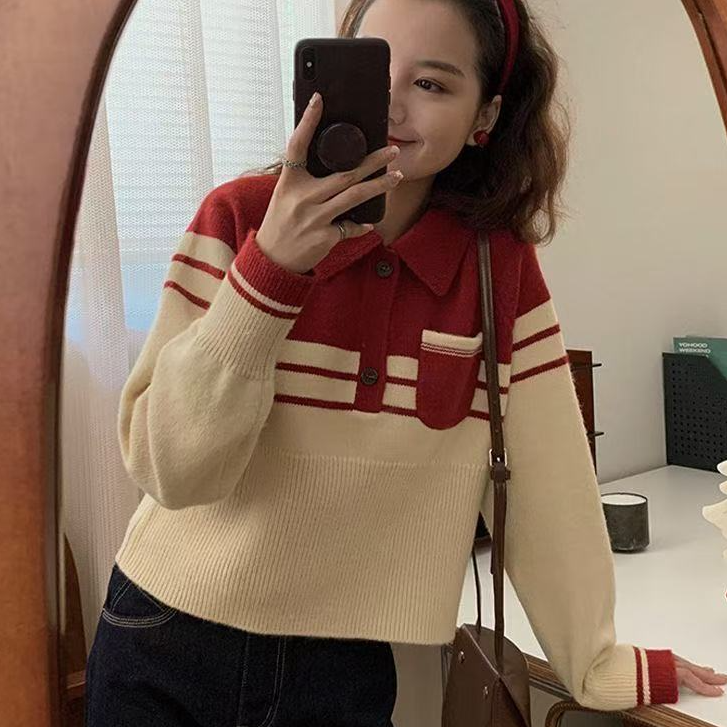 加厚撞色半开领针织毛衣女秋冬新款时尚洋气减龄上衣#2883