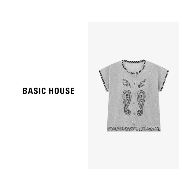 Basic House/百家好夏季透气对称纽扣短袖针织衫-B0625B5CFZ2
