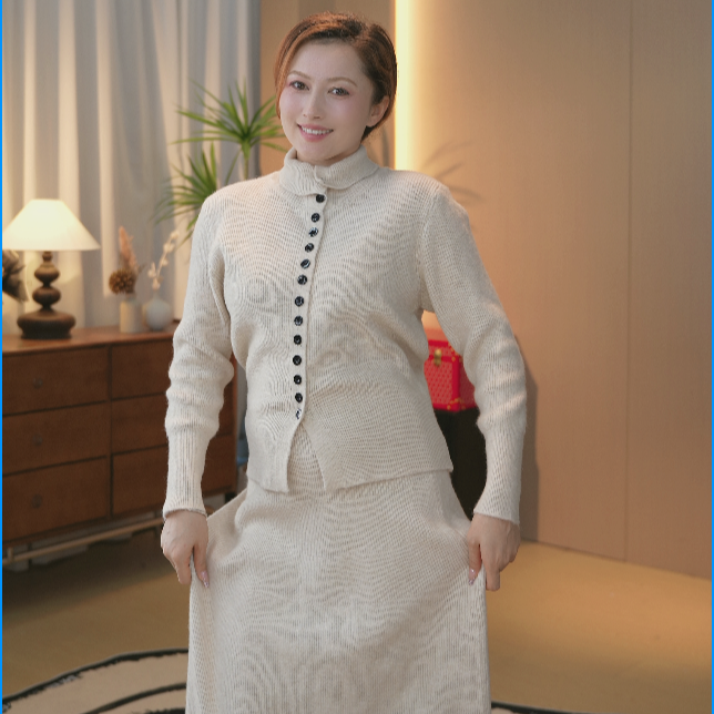 圆领柔软针织排扣两件套装女YMZ-116