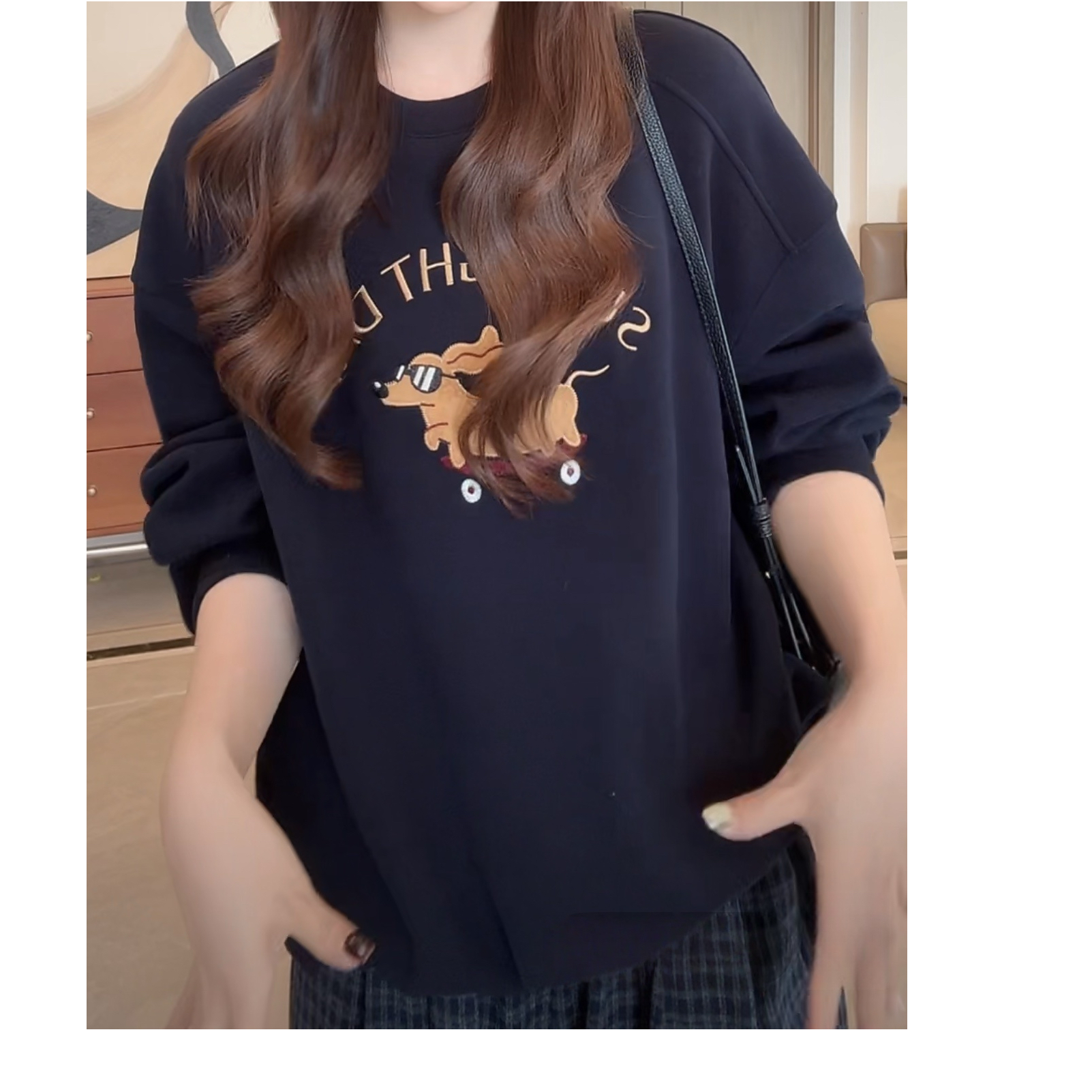 2025新款秋季韩系宽松休闲风小个子减龄独特小狗字母刺绣圆领卫衣