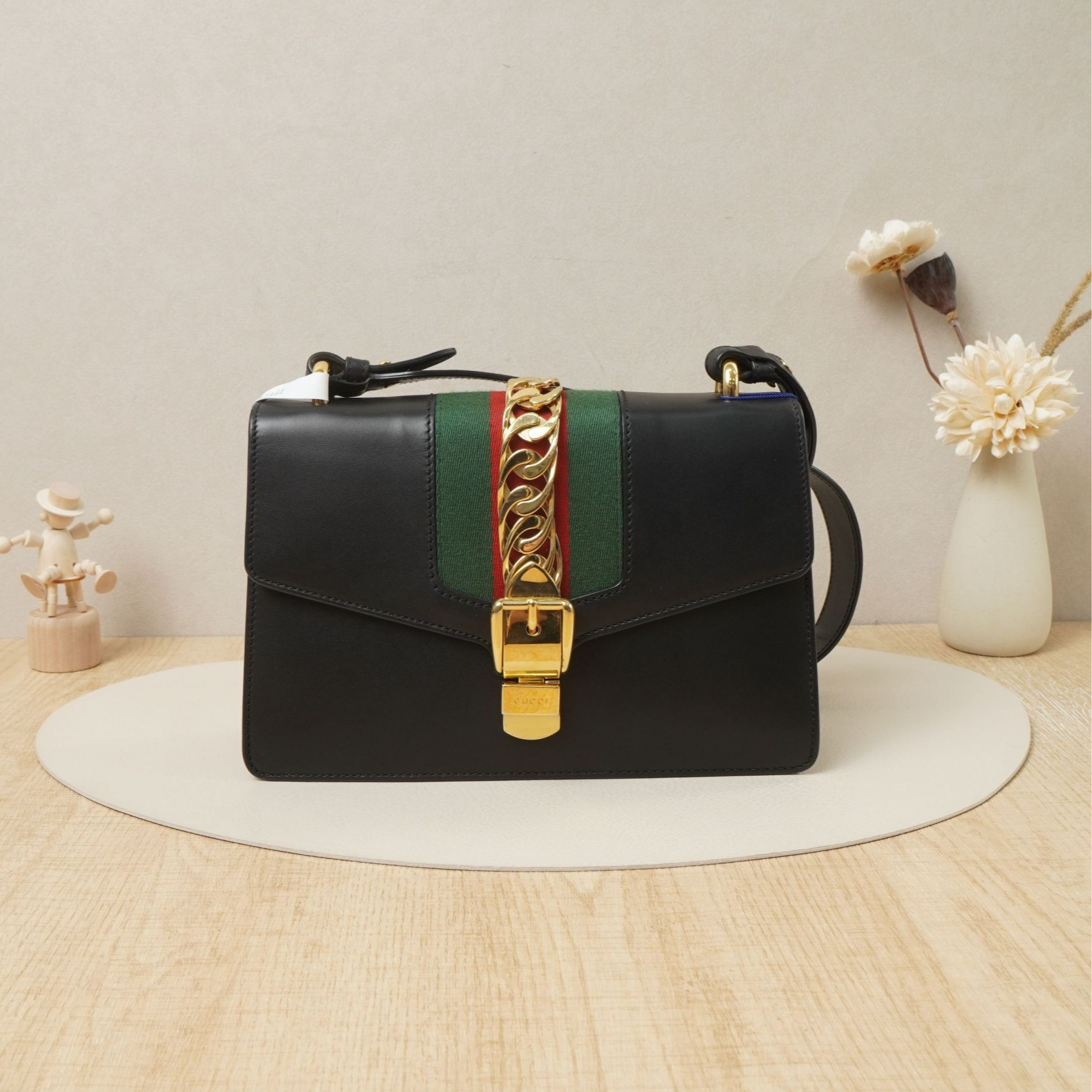 95新 GUCCI/古驰 塞尔维亚丝带包肩带款中号黑金牛皮/DS043410