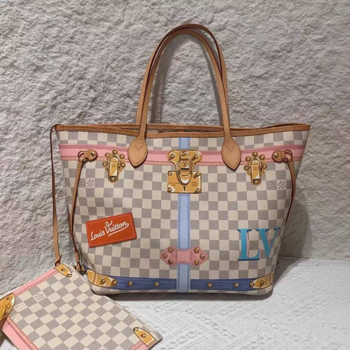 95新 LouisVuitton/路易威登 宫廷款中号白棋盘  neverfull 托特