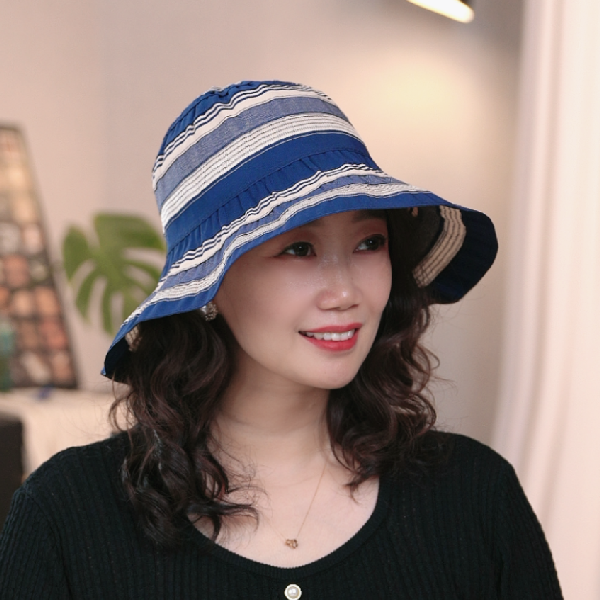 春夏秋新款出游拍照防晒条纹拼色太阳帽轻薄度假可折叠遮脸渔夫帽