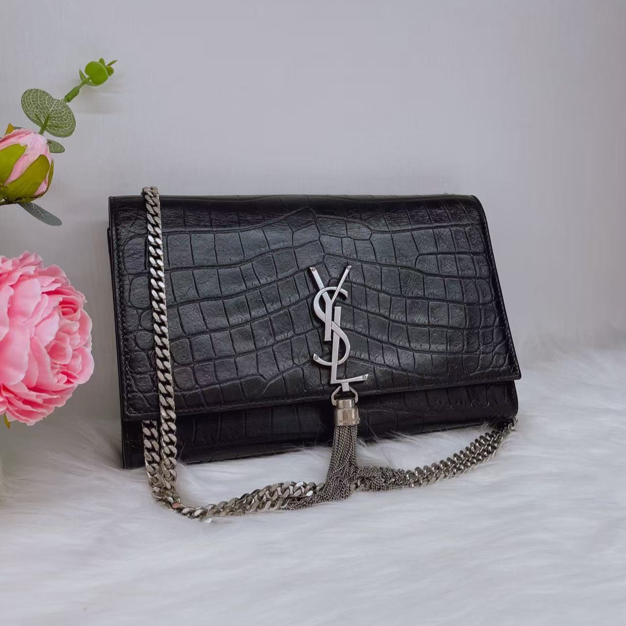 95新 YSL/圣罗兰 YSL 黑银鳄压中号