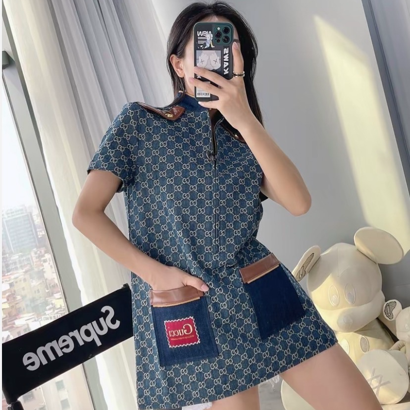 95新 GUCCI/古驰 H13581 深蓝色logo老花满印棉质短袖牛仔连衣裙