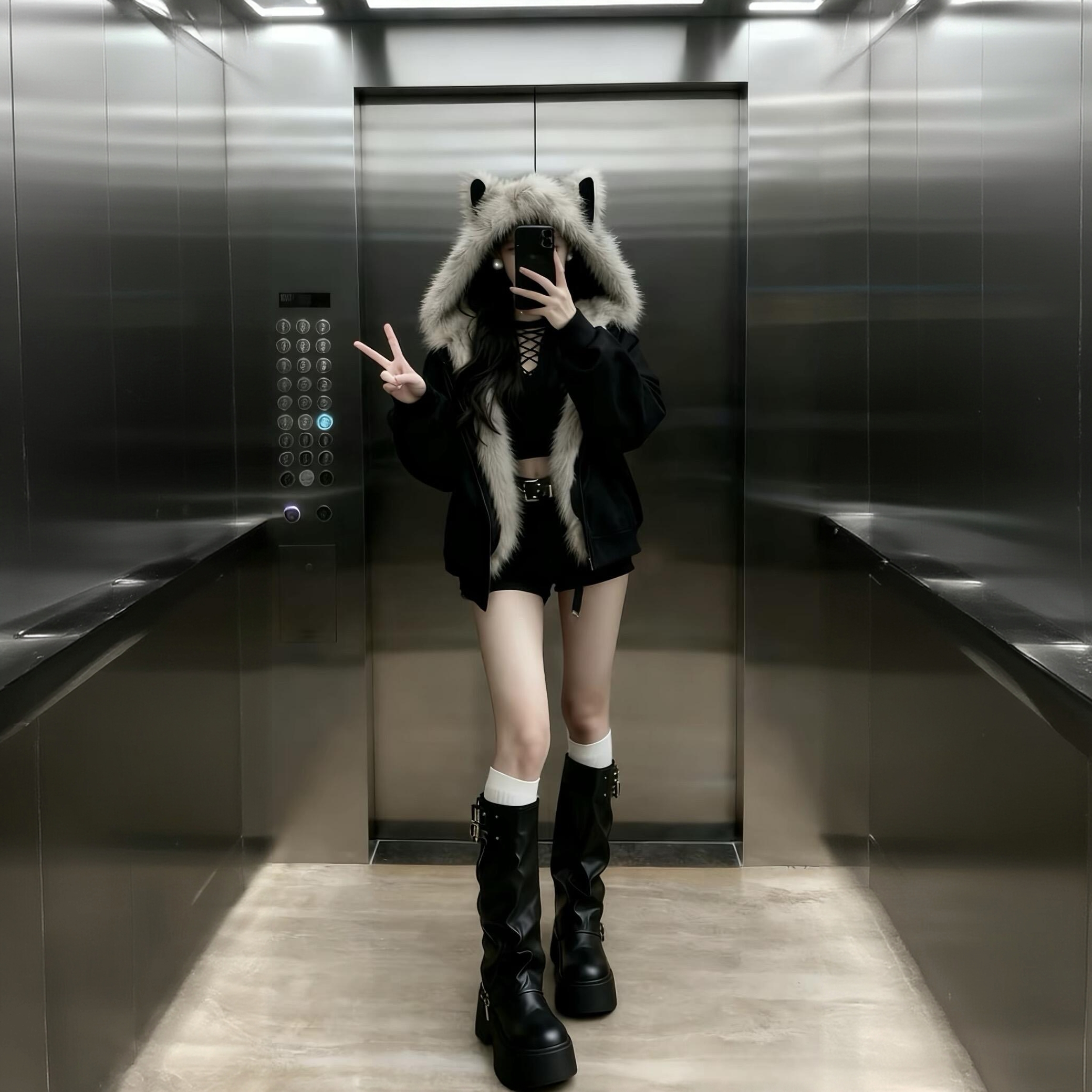 黑色猫耳朵毛领棉服加厚外套女2025冬季新款超好看复古座山雕棉衣