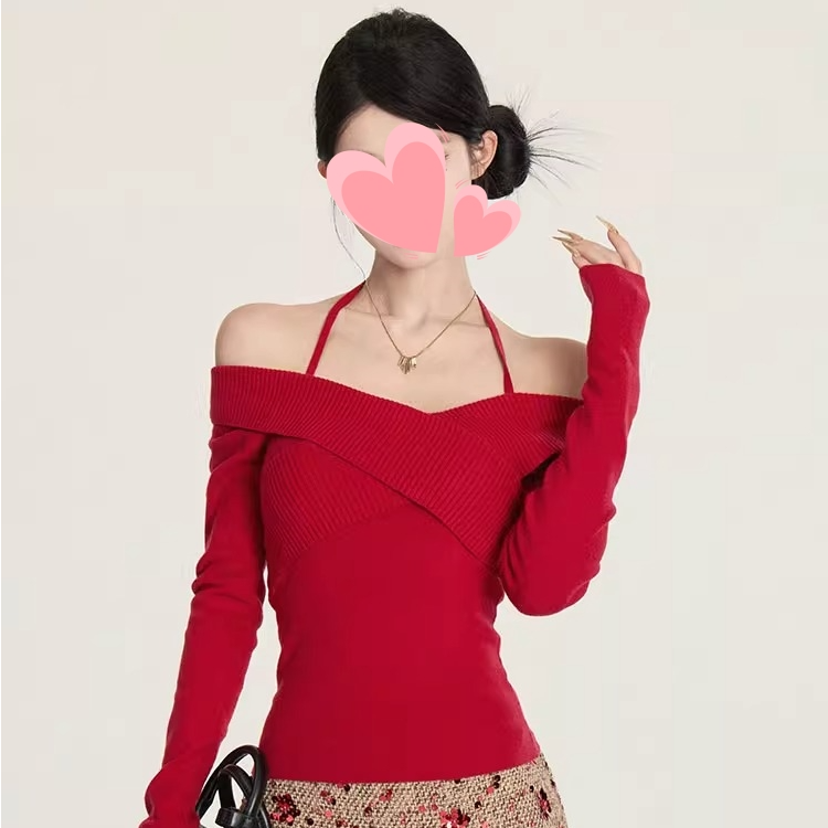 辣妹红色交叉挂脖一字肩针织衫女秋冬气质新年穿搭加厚显瘦打底衫
