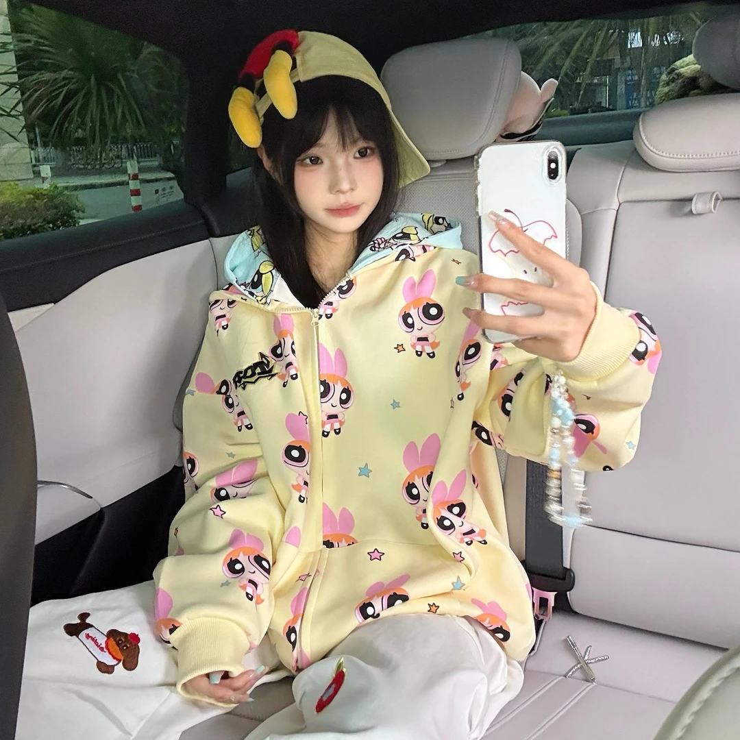 美式复古可爱卡通印花连帽卫衣女春秋新款情侣拉链外套上衣#WY25
