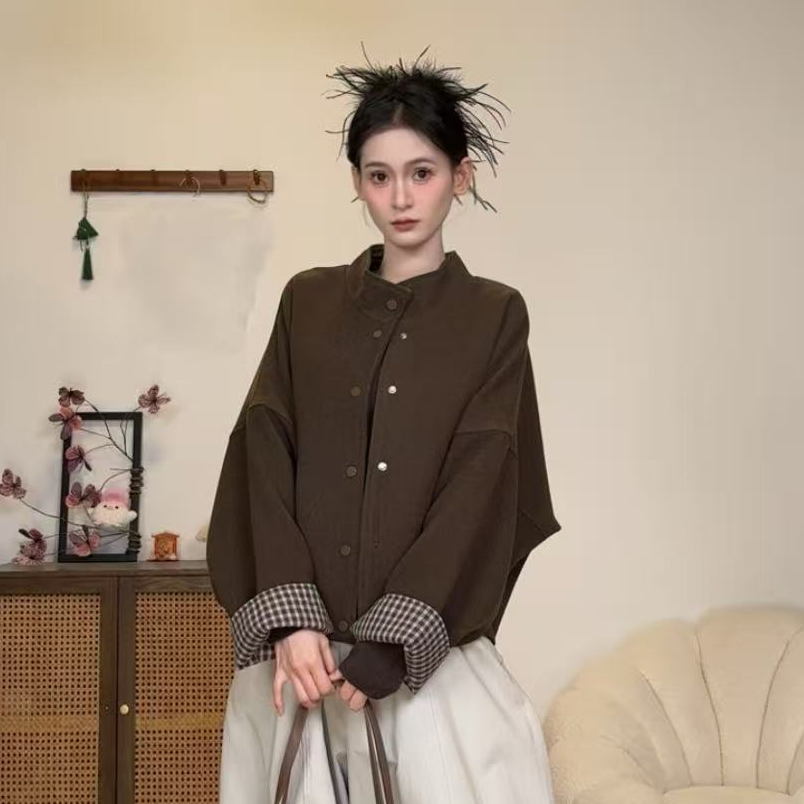 （6-8运贴）韩系设计感格纹撞色毛呢外套秋冬小个子单排扣开衫