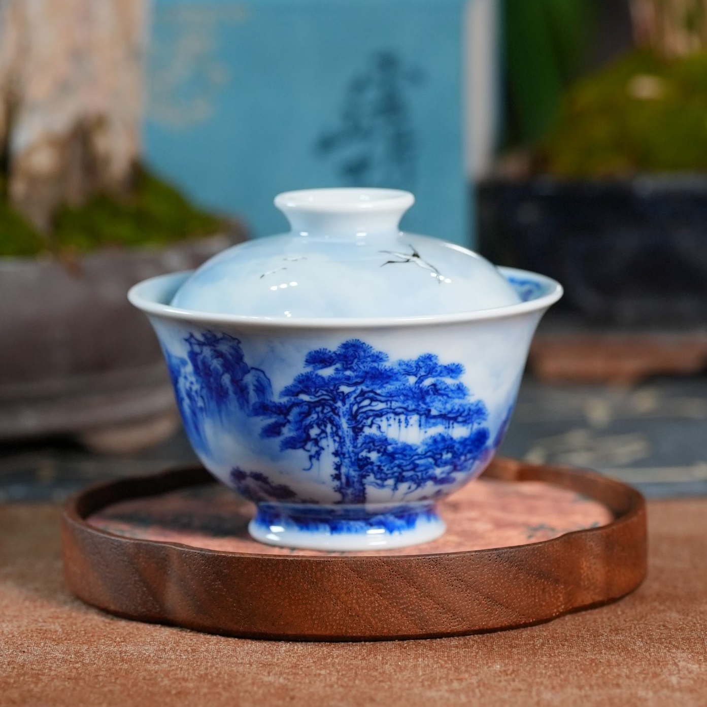 云山片玉 大川云雾仙鹤黄山松两才盖碗纯手工手绘