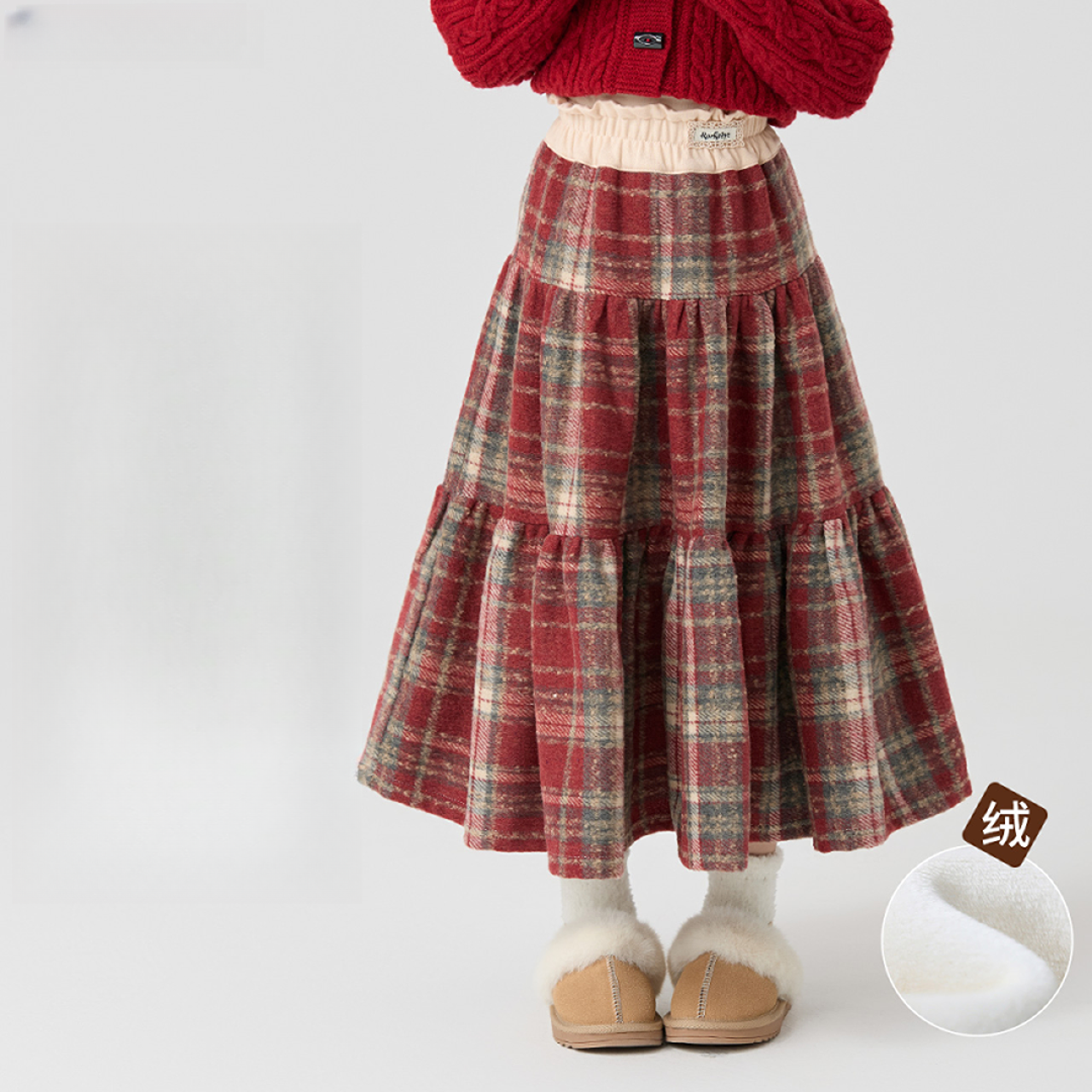 女童加厚裙子秋冬儿童过年红色圣诞新年冬装大童加绒半身裙拜年服